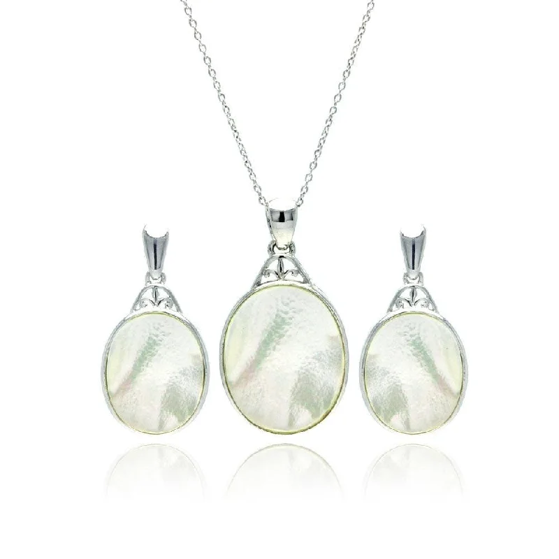 Clearance-Silver 925 Rhodium Plated White Oval Mother of Pearl CZ Dangling Stud Earring and Necklace Set - STS00370