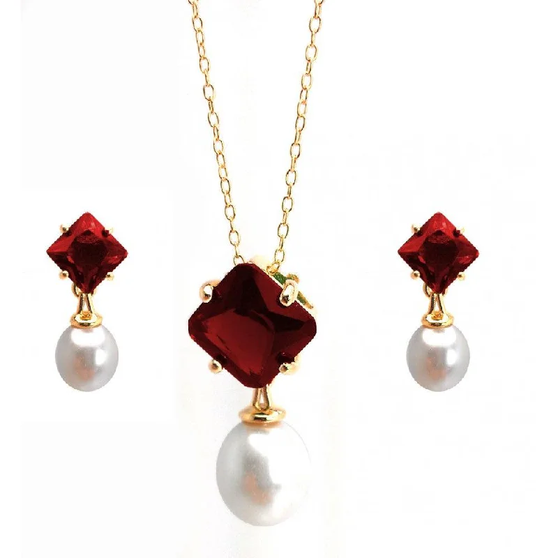 Silver 925 Gold Plated Pearl Drop Diamond Shaped Red CZ Dangling Stud Earring and Dangling Necklace Set - BGS00432RED