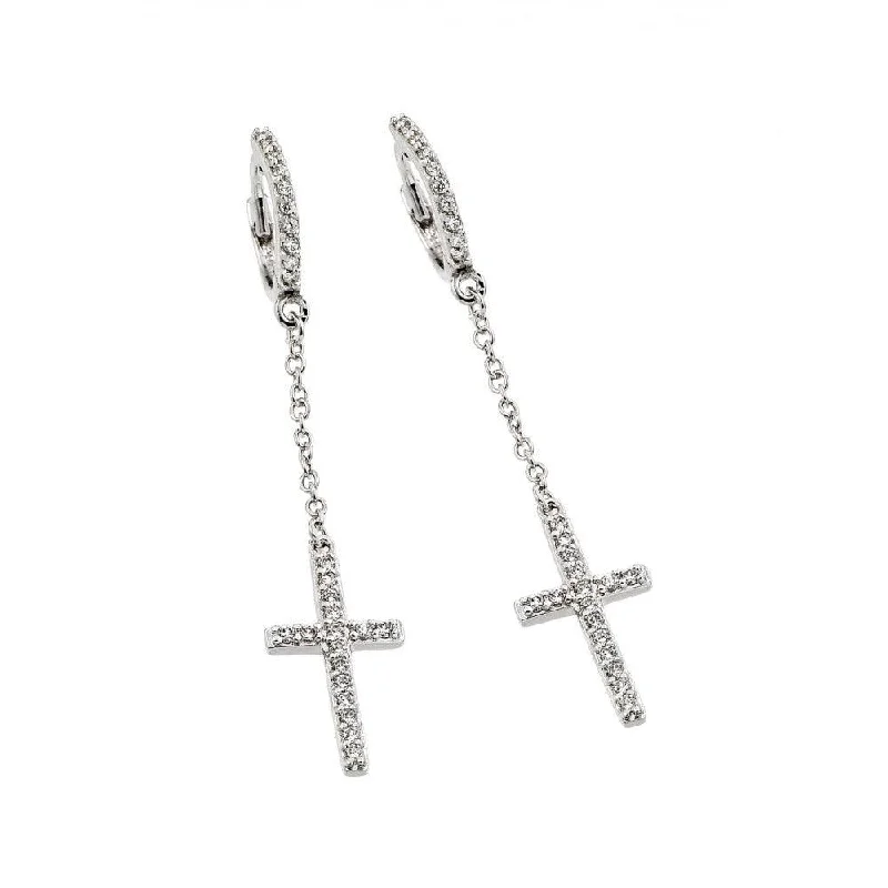 Silver 925 Rhodium Plated Round Cross Clear CZ Wire Dangling huggie hoop Earrings - BGE00375