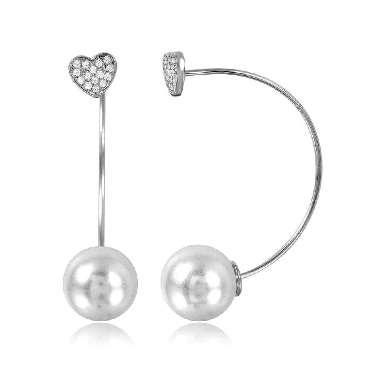 Silver 925 Rhodium Plated Heart Earring with Hangings Synthetic Pearl - STE01049