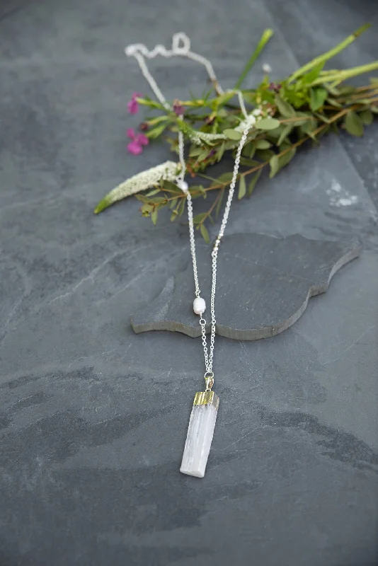 Floating Pearl Selenite Necklace