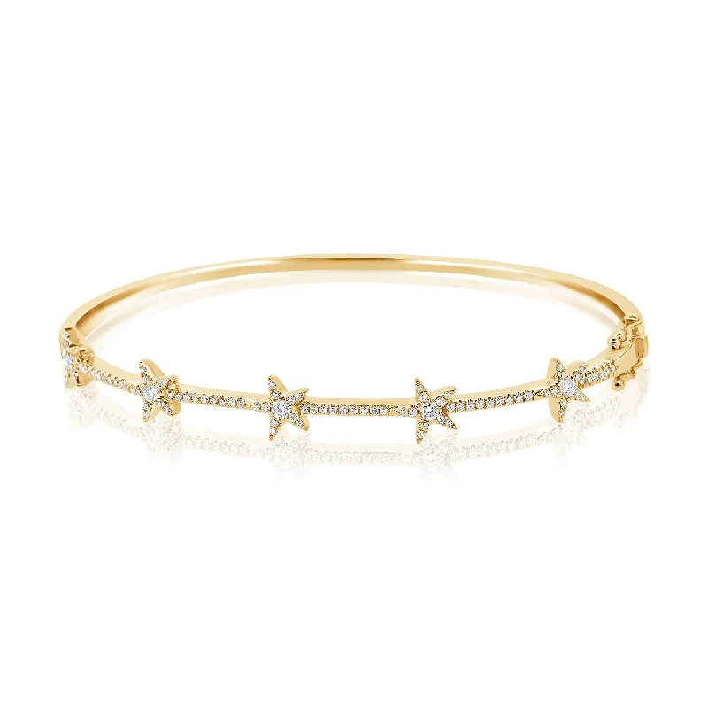 14K Gold Diamond Stars Bangle Bracelet