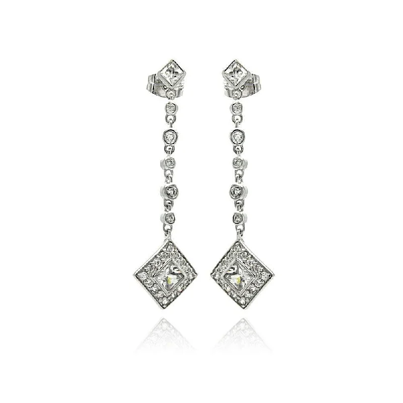 Silver 925 Rhodium Plated Square Round CZ Dangling Stud Earrings - BGE00248