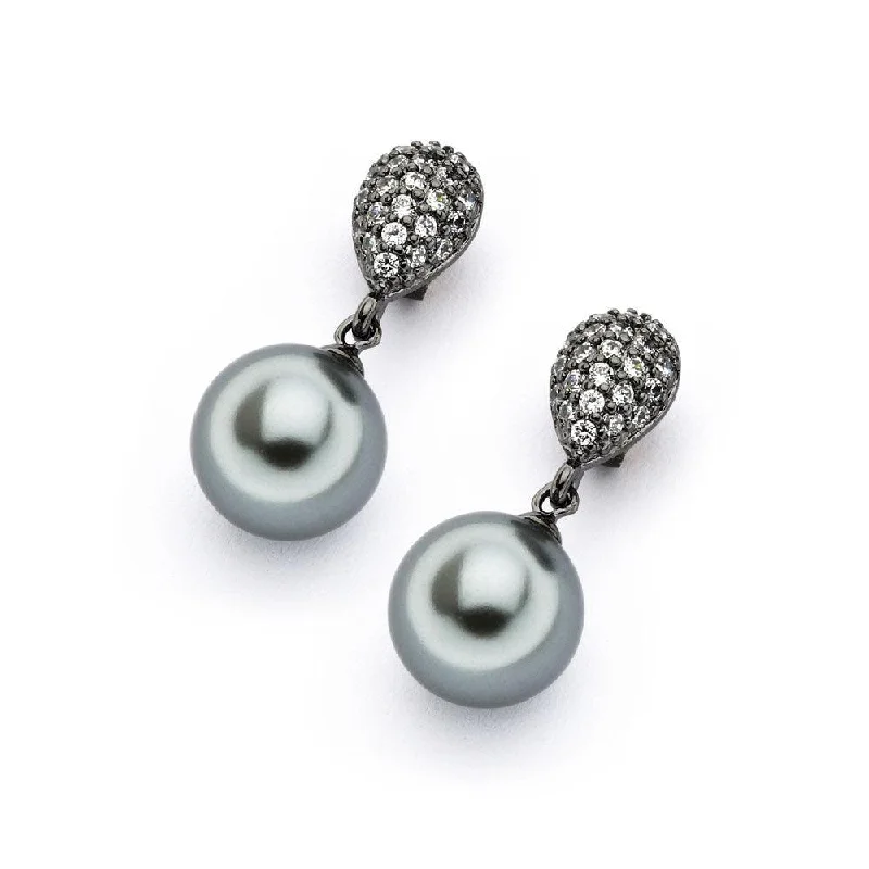 Silver 925 Black Rhodium Plated CZ Synthetic Black Pearl Dangling Earrings - BGE00356