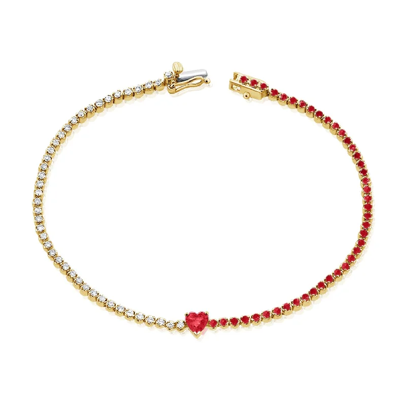 Captivating 14K Gold Ruby Heart and Diamond Tennis Bracelet