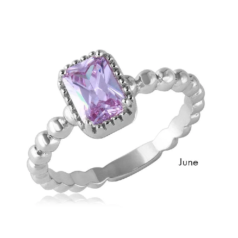 June Sterling Silver 925 Rhodium Plated Beaded Shank Square Center Birthstone Ring - BGR01081JUN