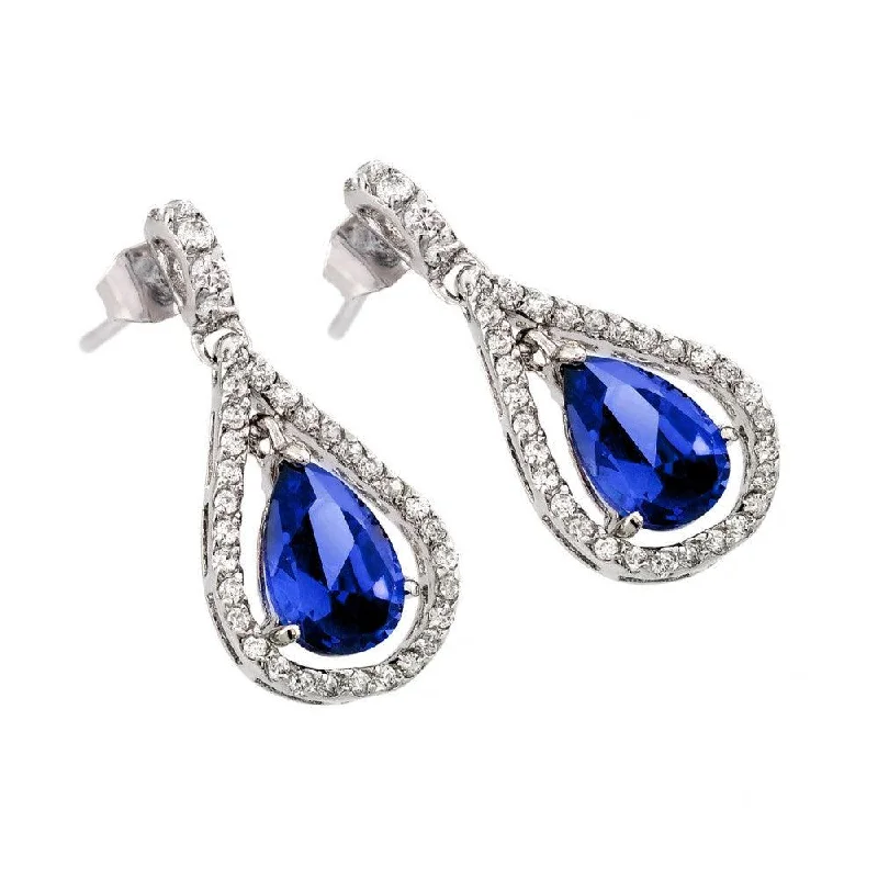 Silver 925 Rhodium Plated Channel Blue Teardrop CZ Dangling Stud Earrings - BGE00366B