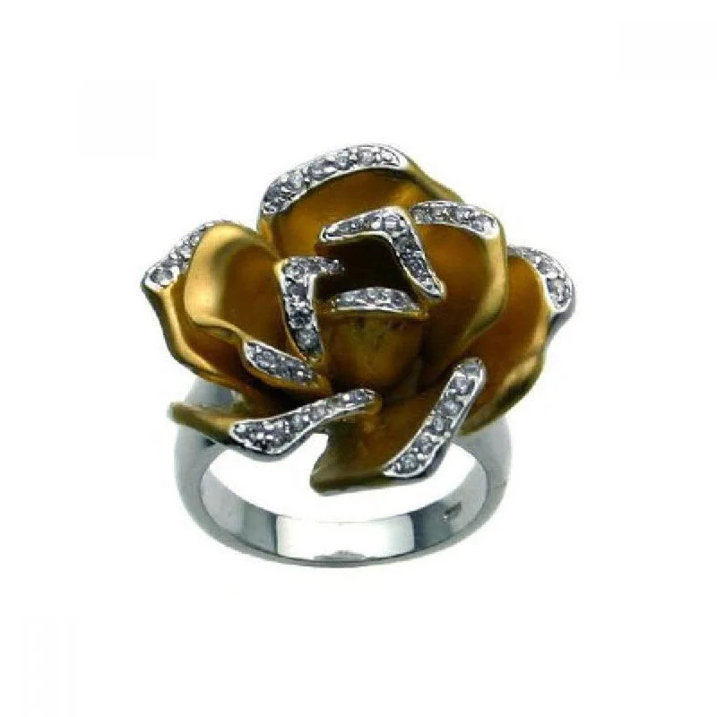 Clearance-Silver 925 Rhodium and Gold Plated 2 Toned Clear CZ Flower Ring - BGR00223