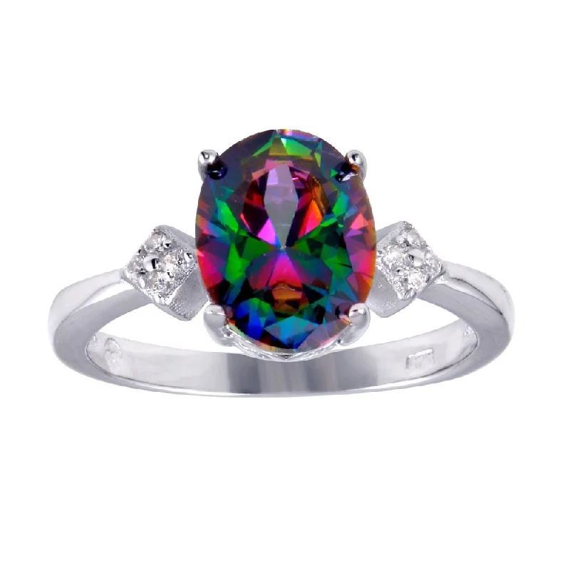 Rhodium Plated 925 Sterling Silver Oval Mystic Topaz CZ Ring - BGR01251