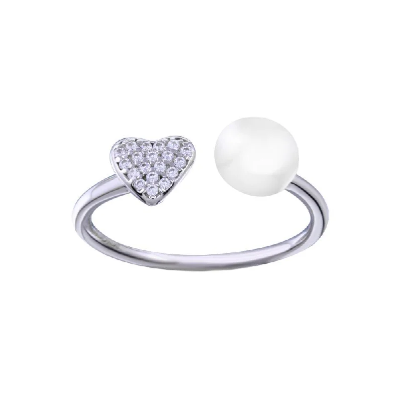 Rhodium Plated 925 Sterling Silver Synthetic Pearl Heart CZ Open Ring - STR01150