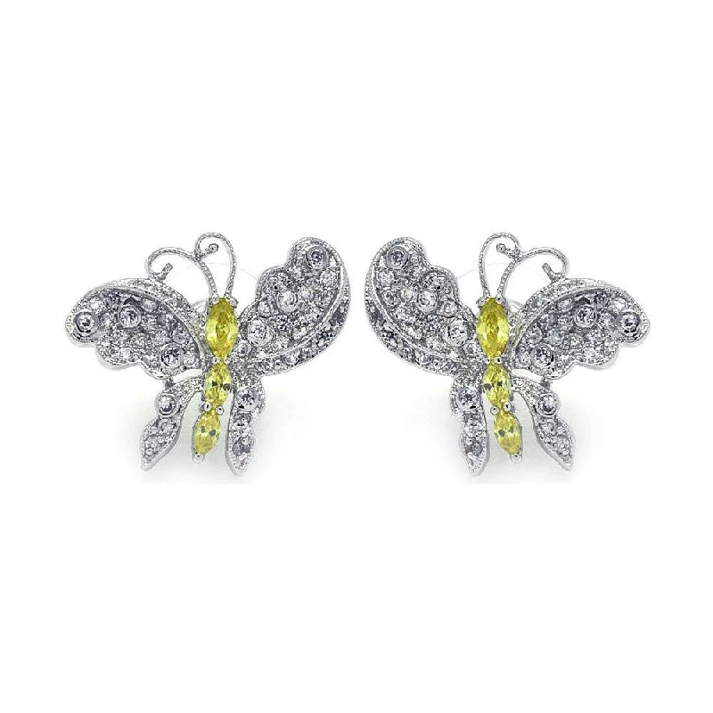 Clearance-Silver 925 Rhodium Plated Yellow CZ Butterfly Stud Earrings - BGE00132