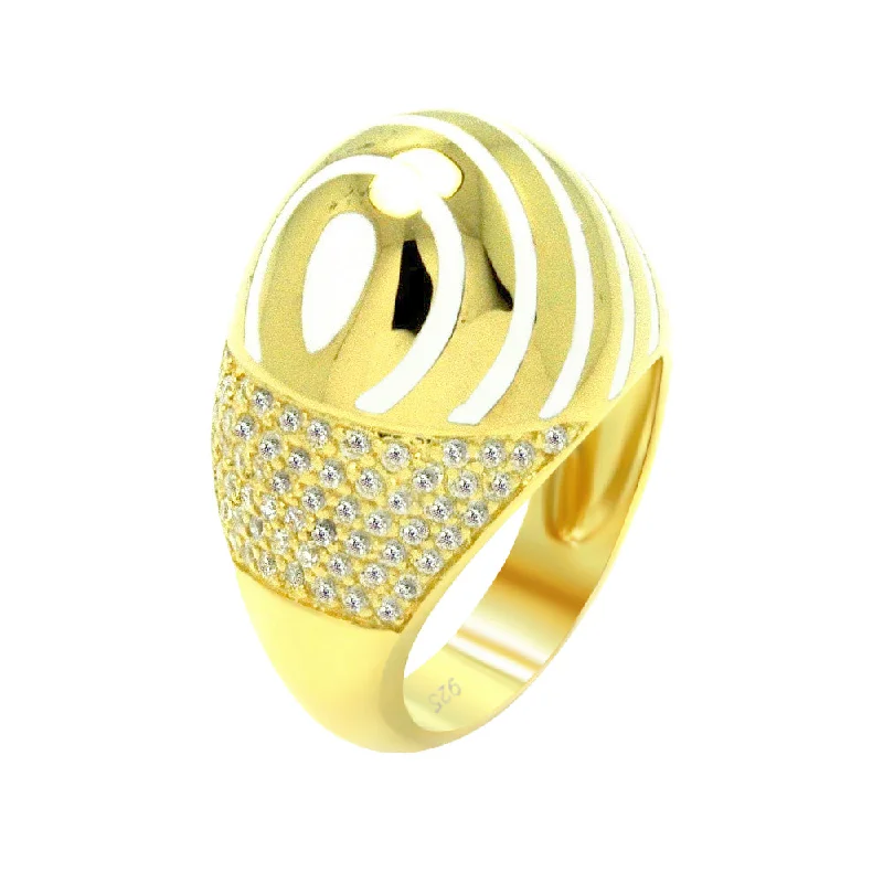 Clearance-Silver 925 Gold Plated White Enamel Clear CZ Stripe Egg Ring - BGR00318