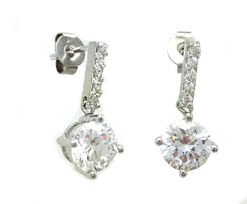 Silver 925 Rhodium Plated Channel Round CZ Dangling Stud Earrings - BGE00403