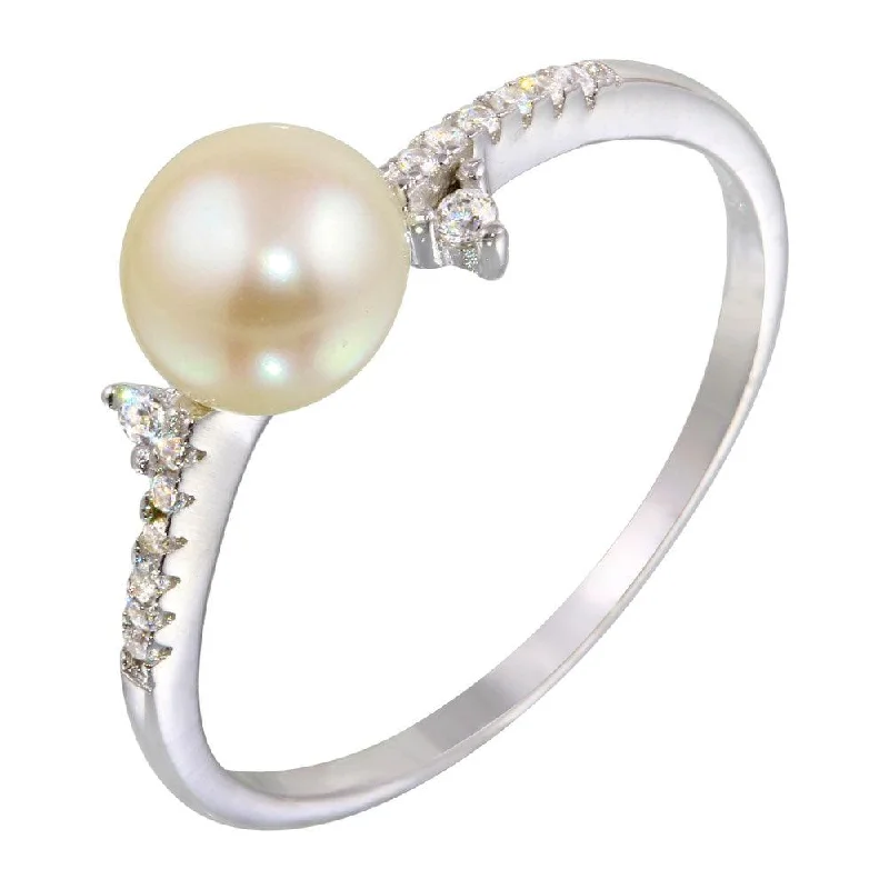 Rhodium Plated 925 Sterling Silver White Pearl Ring with CZ - BGR01142