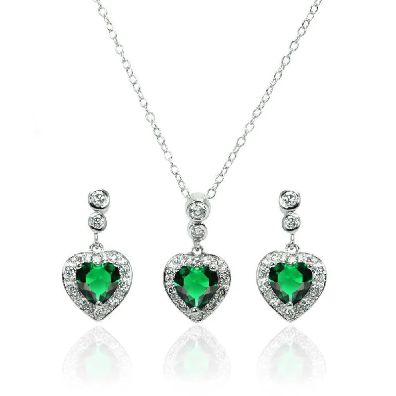 Silver 925 Rhodium Plated Clear and Green Heart CZ Dangling Stud Earring and Necklace Set - BGS00371