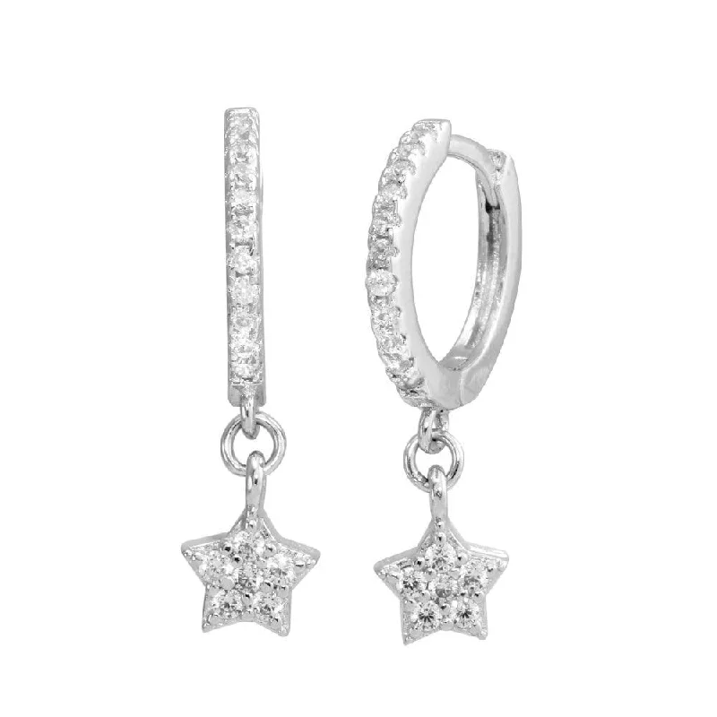 Rhodium Plated 925 Sterling Silver Dangling CZ Star huggie hoop Earrings - STE01213