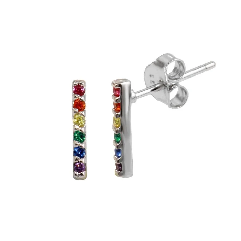 Rhodium Plated 925 Sterling Silver Rainbow Bar Stud Earrings - BGE00609