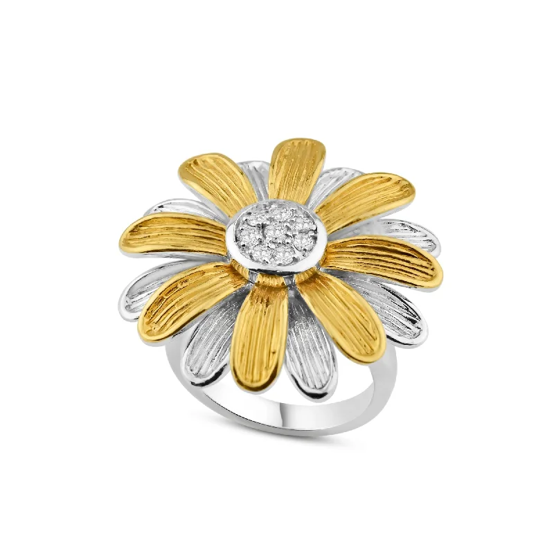 Clearance-Silver 925 Rhodium and Gold Plated Clear CZ Daisy Flower Ring - BGR00126