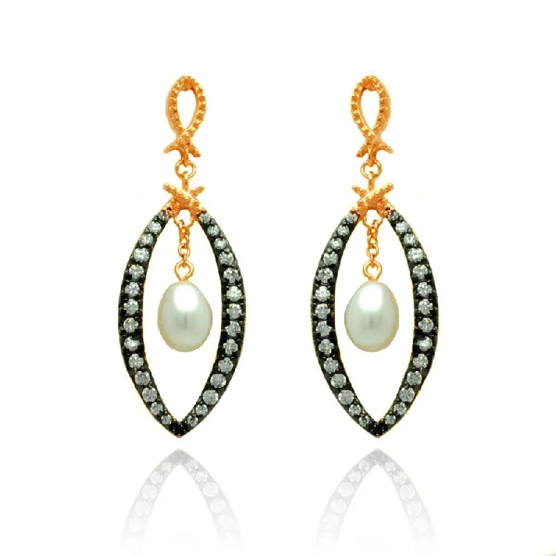 Silver 925 Black and Rose Gold Plated Open Marquise Clear CZ Dangling Fresh Water Pearl Stud Earrings - BGE00289