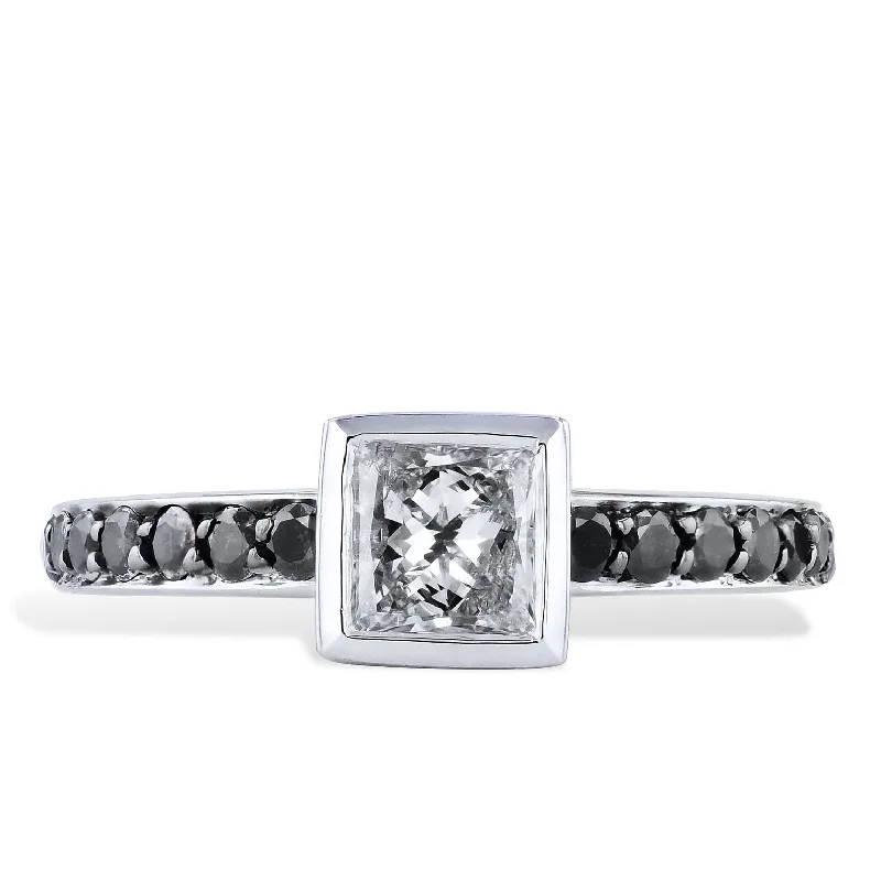 0.58 Carat Princess Cut Diamond With Black Diamond Pave Engagement Ring