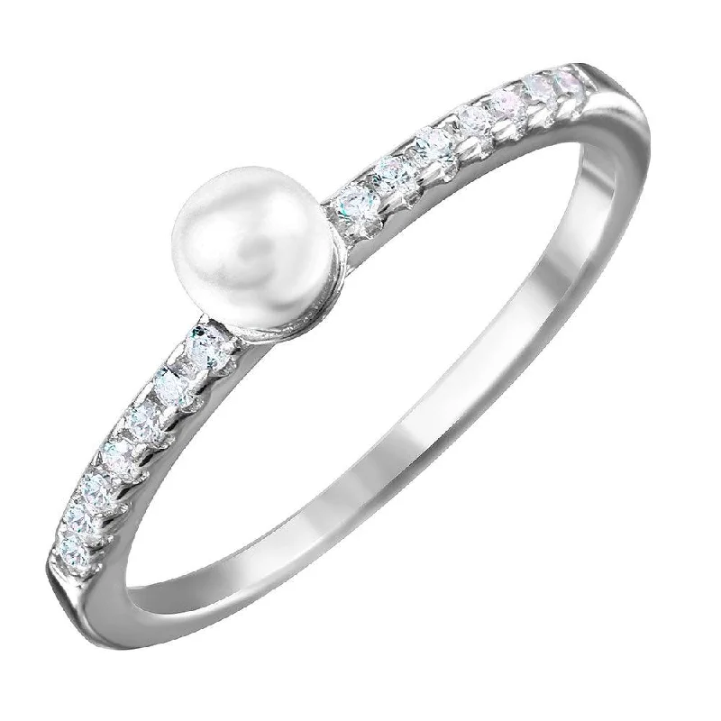 Silver 925 Rhodium Plated Synthetic Center Pearl Ring with Cubic Zirconia Stones - BGR01037