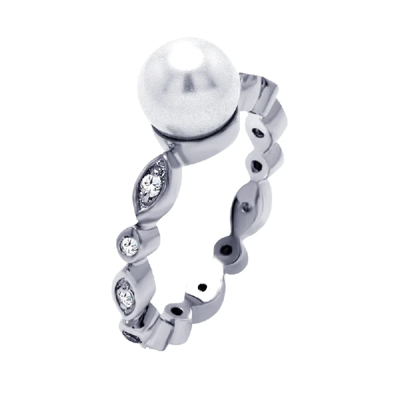 Silver 925 Rhodium Plated Clear CZ Pearl Center Ring - BGR00386