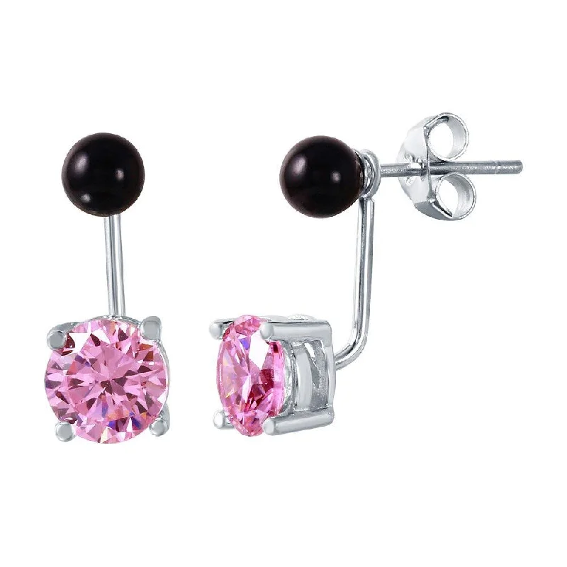 925 Sterling Silver Birthstone Black Synthetic Pearl Pink CZ Front and Back Earring - STE00999OCT