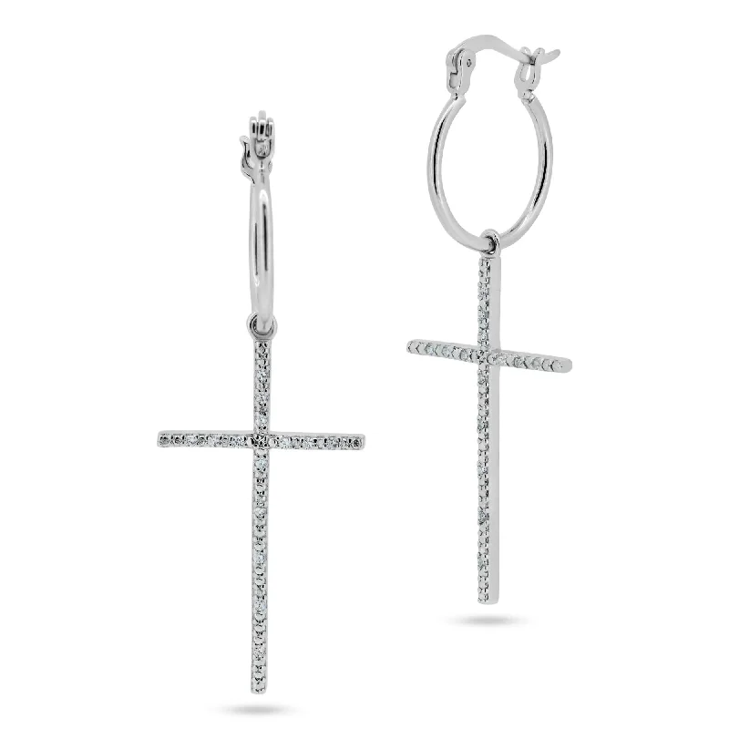 Rhodium Plated 925 Sterling Silver Cross CZ Dangling hoop Earring - STE01357