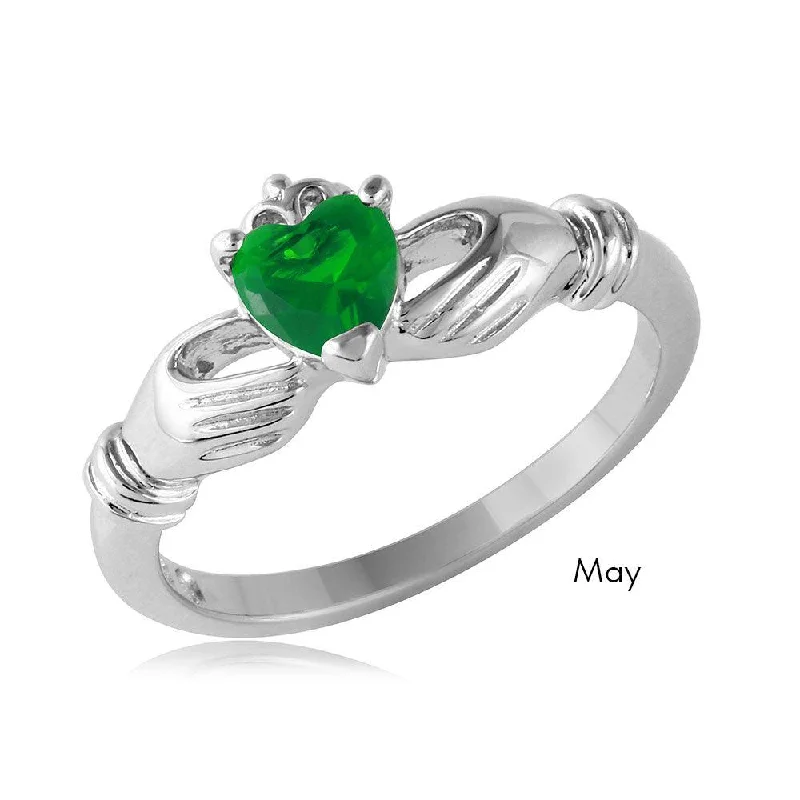 May Sterling Silver 925 Rhodium Plated CZ Center Birthstone Claddagh Ring - BGR01083MAY