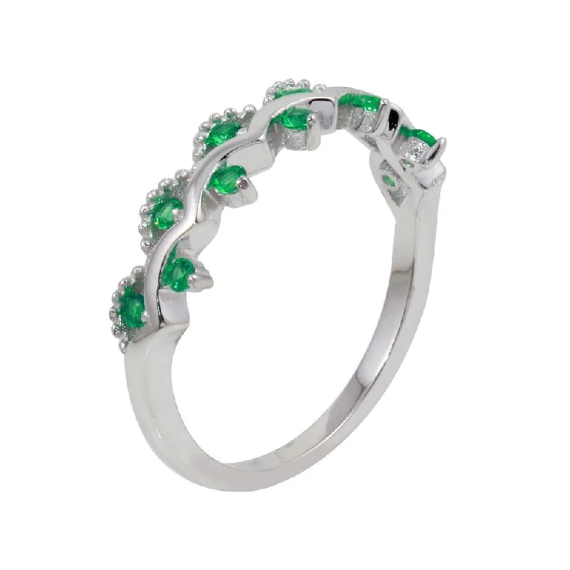 Rhodium Plated 925 Sterling Silver Wavy Ring with Green CZ - BGR01239GRN