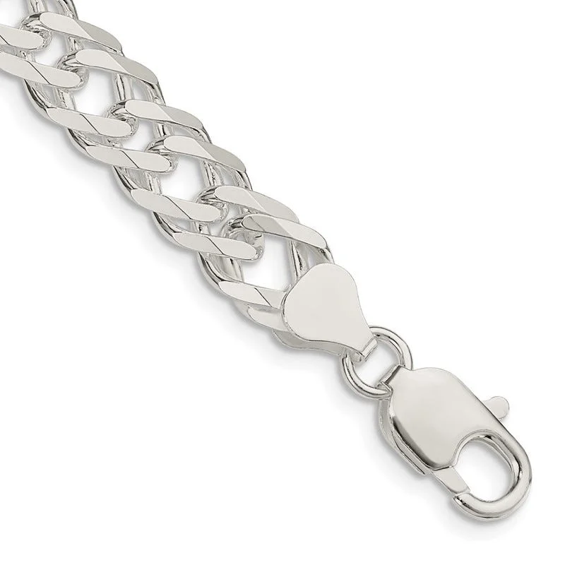 Sterling Silver 7.75mm 6 Side D/C Flat Double Curb Chain Bracelet