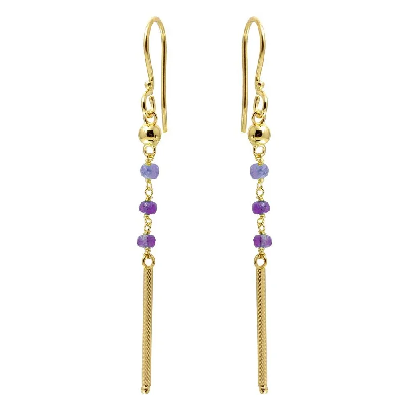 Gold Plated 925 Sterling Silver Dangling 3 Purple Bead with Matte Gold Bar Earrings - DIE00009GP-AM