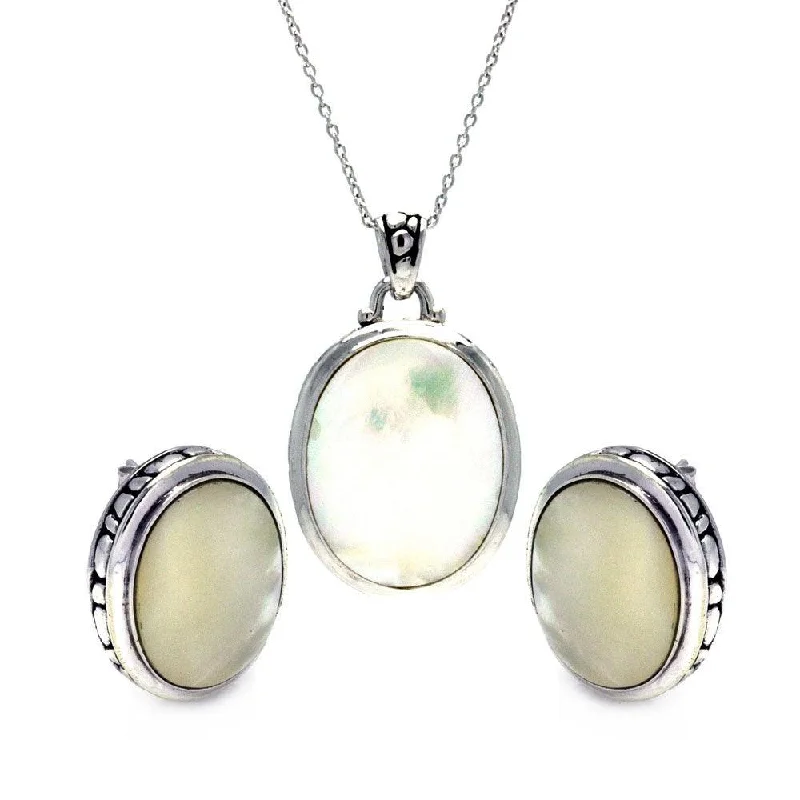 Clearance-Silver 925 Rhodium Plated White Oval Mother of Pearl CZ Stud Earring and Necklace Set - STS00369