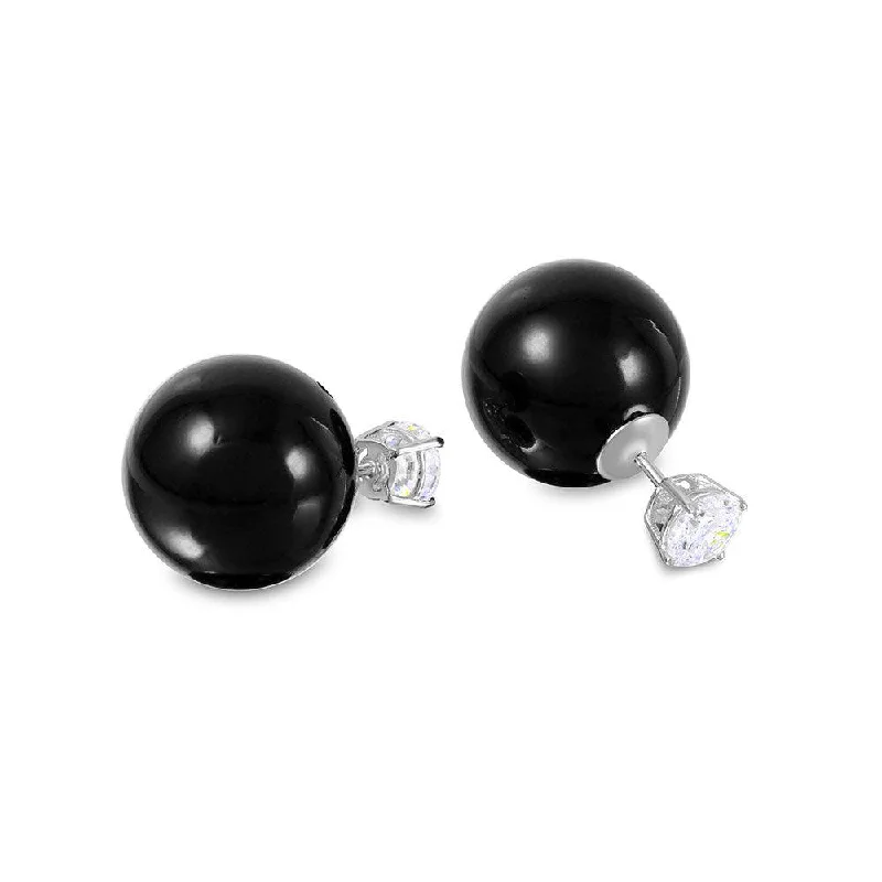 Silver 925 Rhodium Plated CZ Black Synthetic Pearls Front and Back Earrings - STE00994BLK