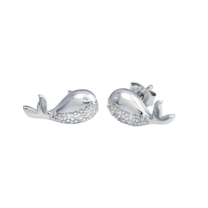 Rhodium Plated 925 Sterling Silver Whale CZ Stud Earrings - STE01217