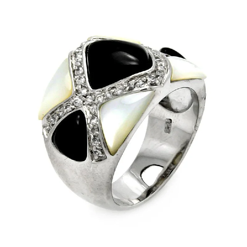 Clearance-Silver 925 Rhodium Plated Black Onyx Pearl CZ Ring - STR00276