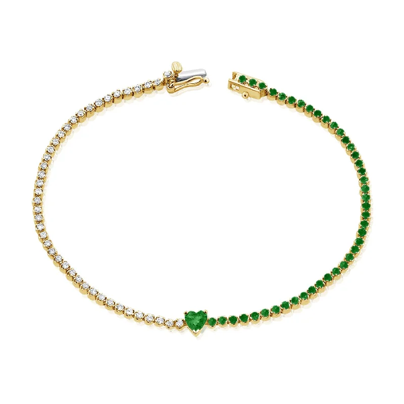 Radiant 14K Gold Emerald Heart and Diamond Tennis Bracelet