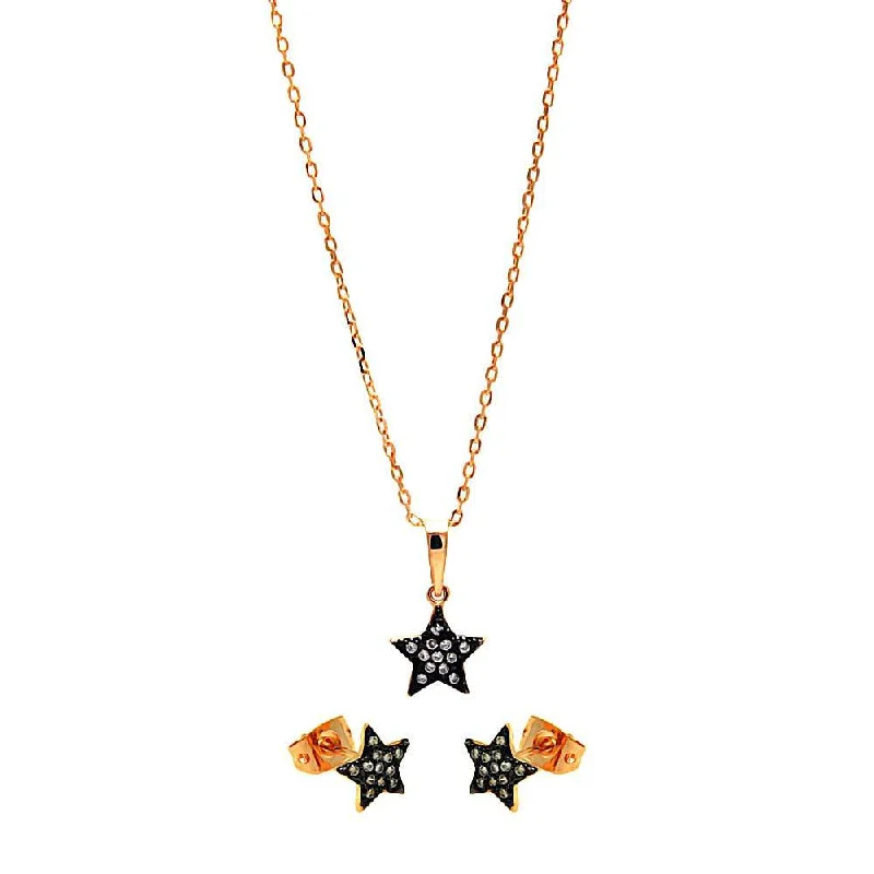 Silver 925 Black Rhodium and Gold Plated Clear Mini Star CZ Stud Earring and Necklace Set - BGS00278