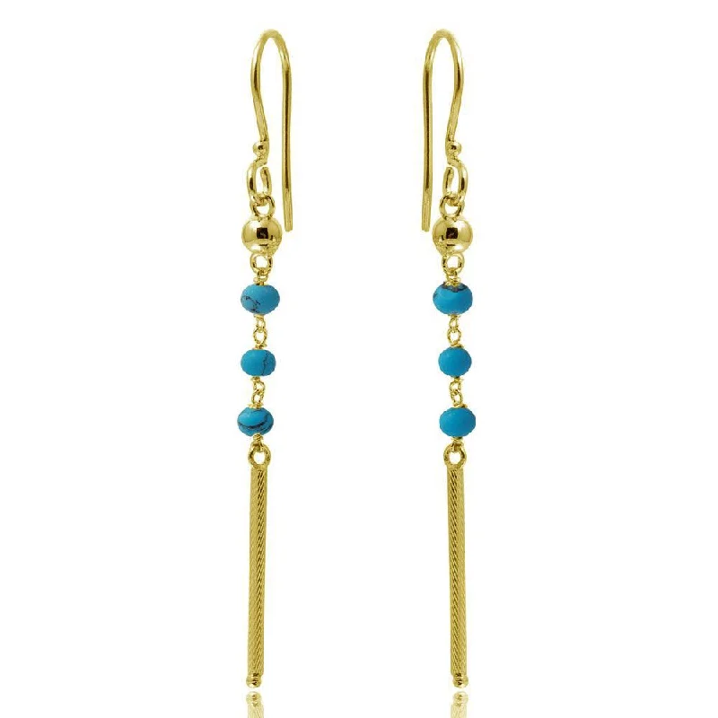 Gold Plated 925 Sterling Silver Dangling 3 Turquoise Bead with Matte Gold Bar Earrings - DIE00009GP-TQ