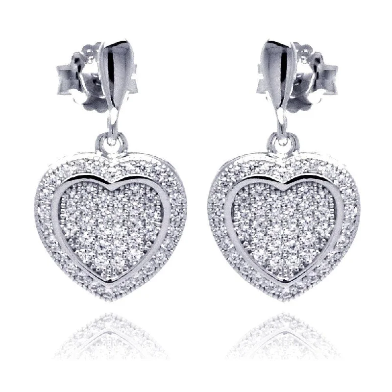 Silver 925 Rhodium Plated Micro Pave Heart Clear CZ Dangling Stud Earrings - ACE00042