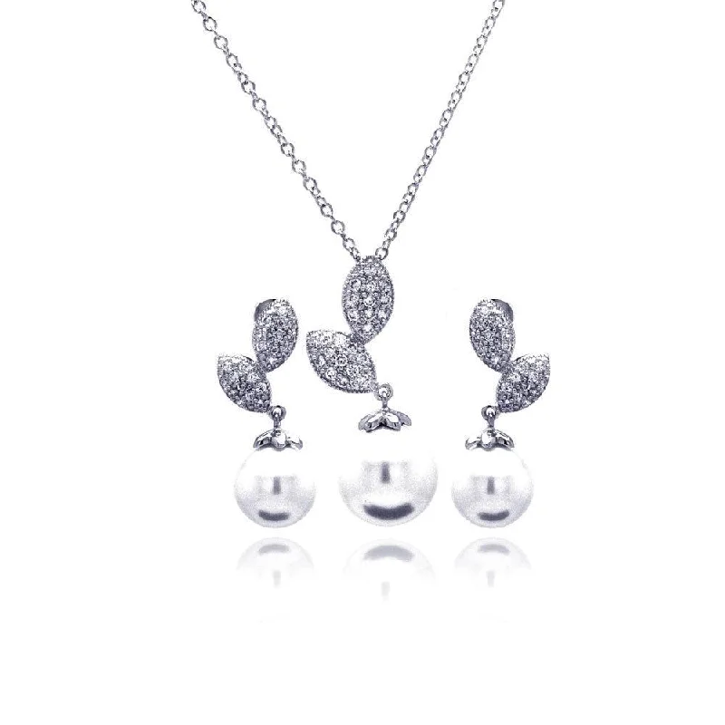 Silver 925 Rhodium Plated Pearl Sprout Clear CZ Hanging Stud Earring and Hanging Necklace Set - BGS00179