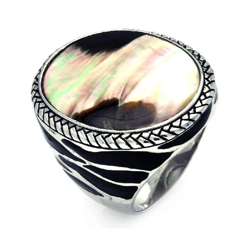 Clearance-Silver 925 Rhodium Plated Black Enamel Dark Mother of Pearl Cigar Band Ring - STR00846