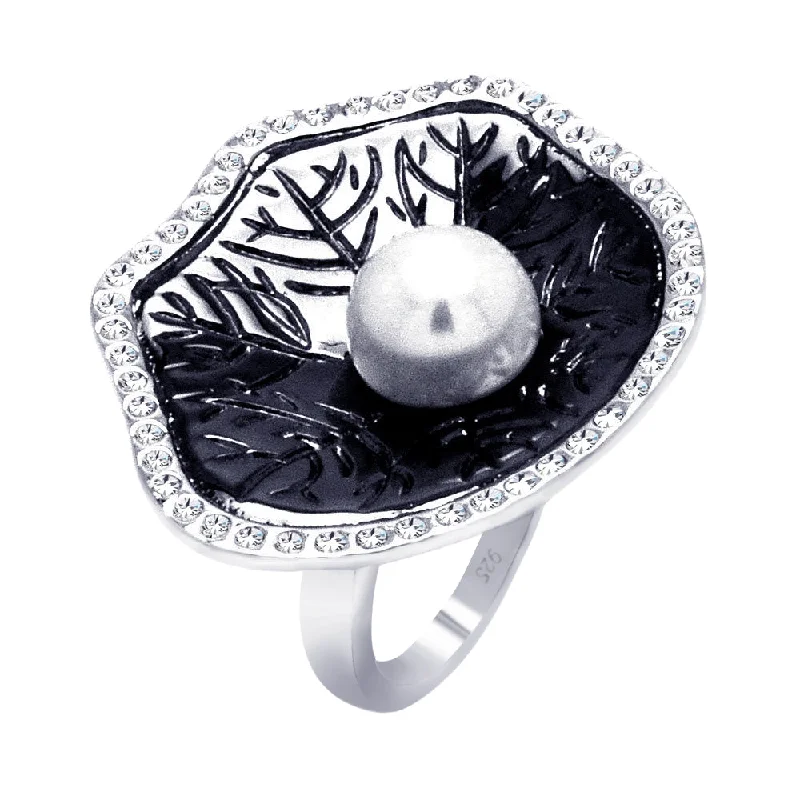 Clearance-Silver 925 Rhodium and Black Rhodium Plated 2 Toned Pearl Center Clear CZ Leaf Ring - BGR00328