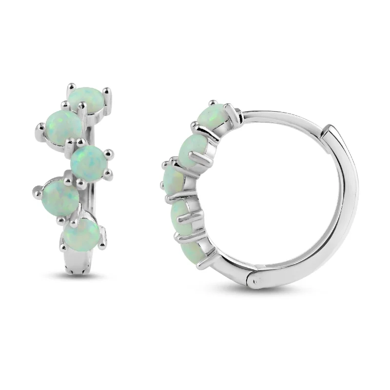 Rhodium Plated 925 Sterling Silver Alternating Opal Hoop Earring - BGE00738