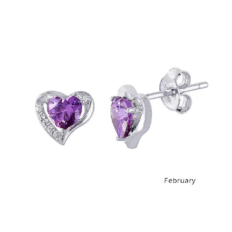 Rhodium Plated 925 Sterling Silver Heart with Birthstone Center Stud Earrings February - STE01028-FEB