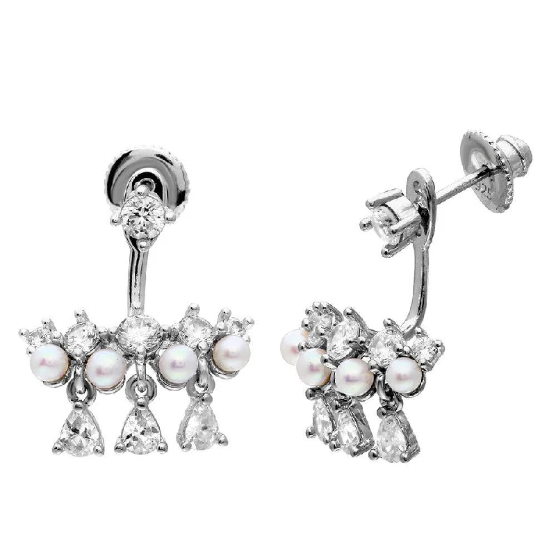 Silver 925 Rhodium Plated Chandelier CZ and Fresh Water Pearl Dangling Earrings - GME00068RH