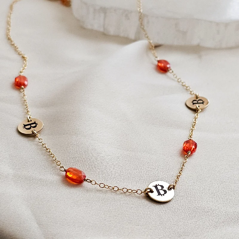 Round Bitcoin Medallion Station Necklace With Orange CZ Accents