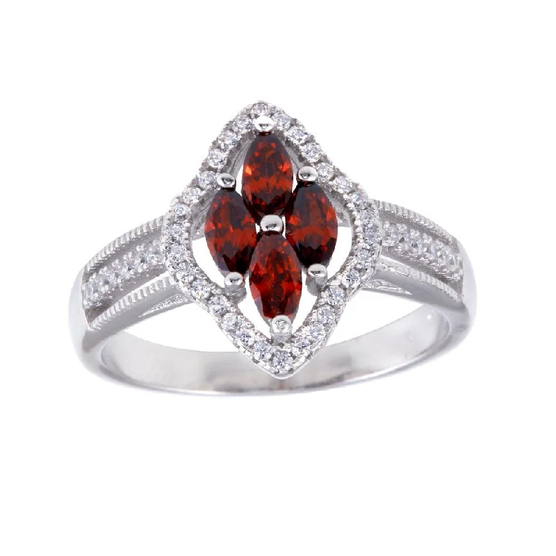 Rhodium Plated 925 Sterling Silver 4 Red Marquise Center CZ Ring - BGR01253RED