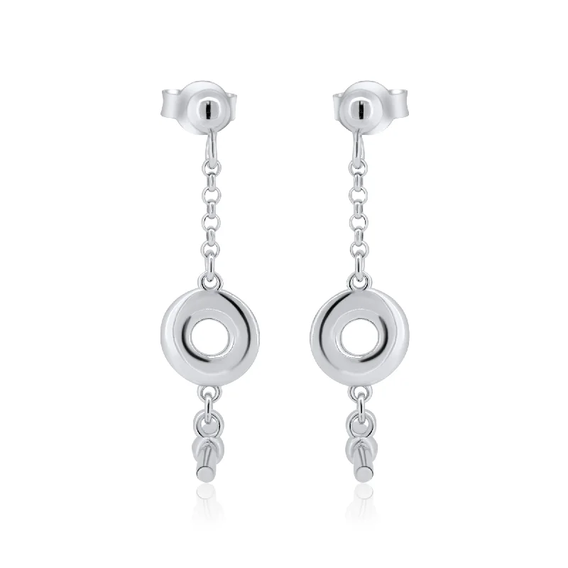 Rhodium Plated 925 Sterling Silver Dangling Donut Bar Stud Earrings - ITE00098-RH