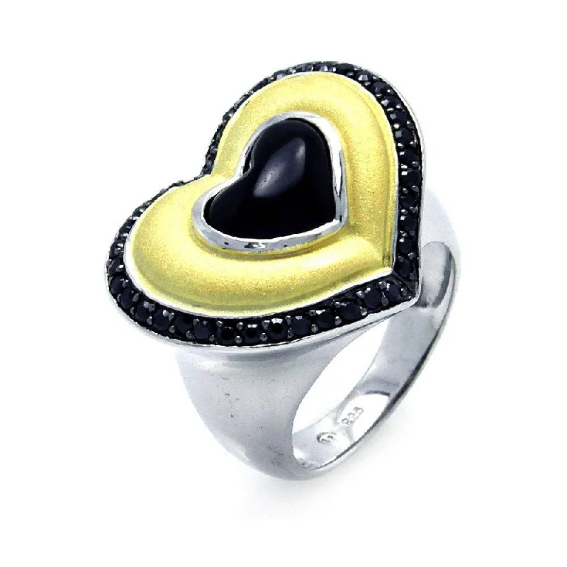 Clearance-Silver 925 Rhodium, Black Rhodium, and Gold Plated 3 Toned Black CZ Heart Ring - BGR00274